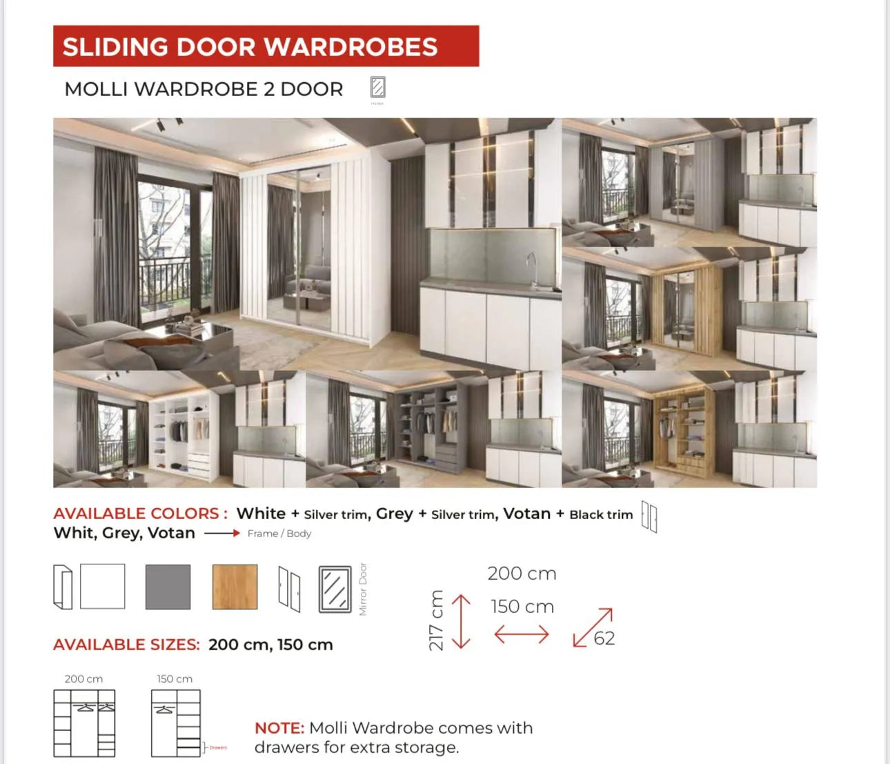 Molli Premium Sliding Mirror Wardrobe Range with High-Gloss Curved Wave Panel Design